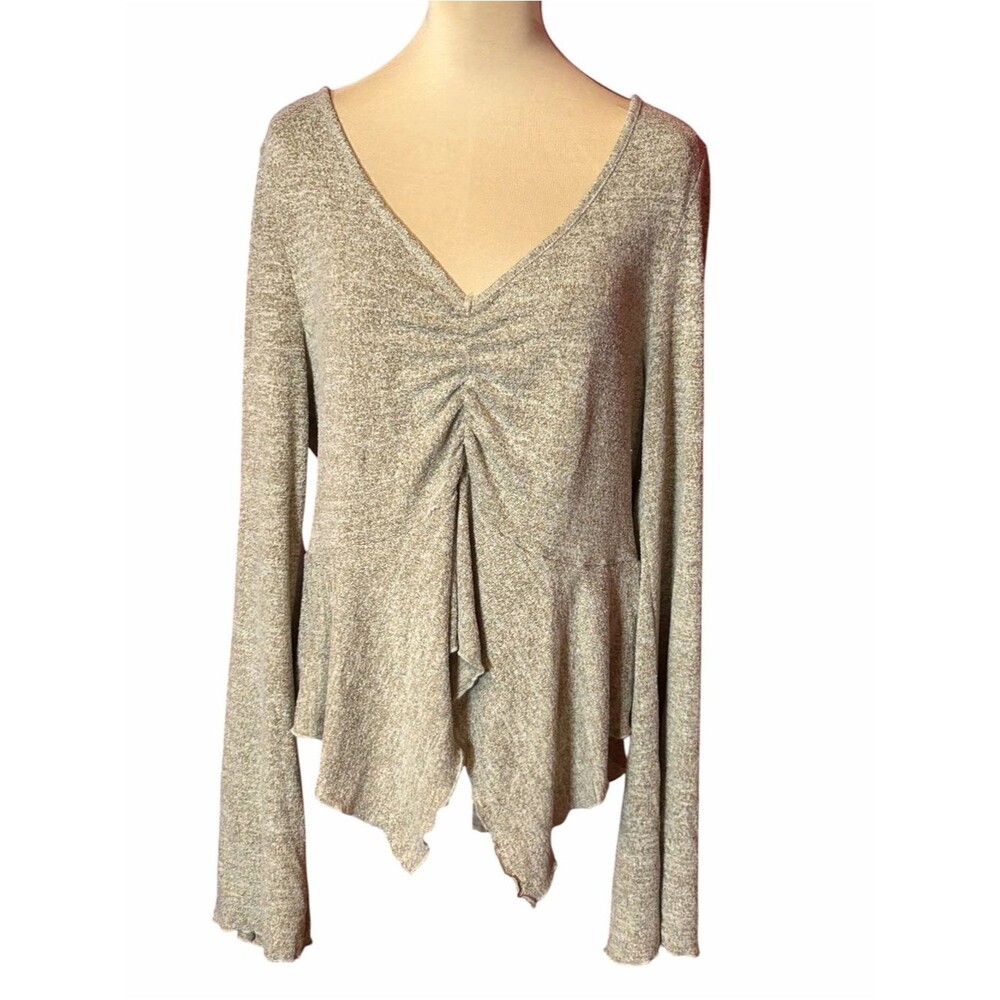 SHEIN Curve Taupe Ruched Peplum Sweater 3XL V-Neck Long Sleeve Knit Top